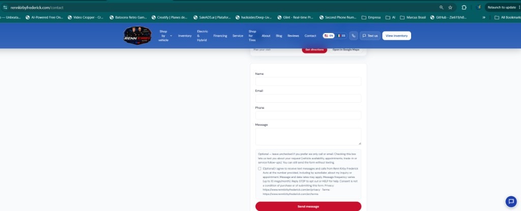 Renn Kirby Frederick Auto contact form showing optional unchecked SMS consent checkbox with STOP/HELP disclosures and Privacy/Terms links