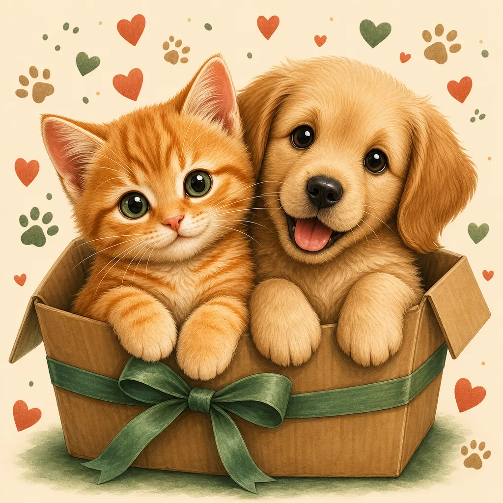 Illustrated kitty and puppy